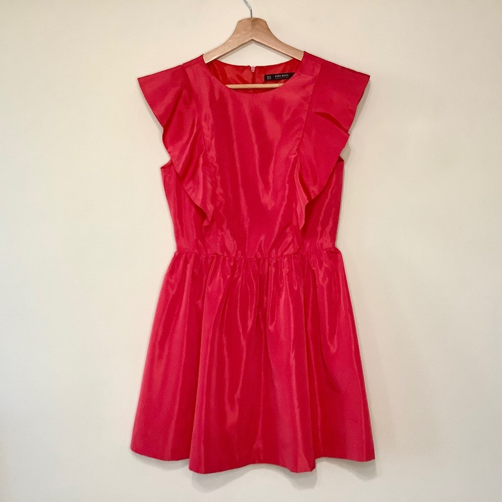 Zara Structured Satin Mini Dress Ruffle Shoulder A line Red Dress XS